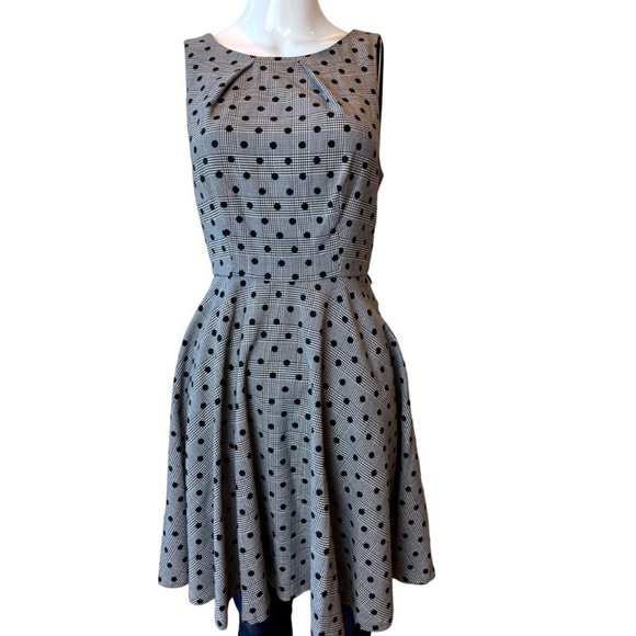 Elle Womens Fit & Flare Dress Polka Dots Boat Neck Back Zip Gray Black Size 4 - Picture 3 of 9